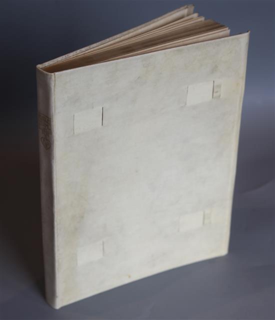Brangwyn, Frank - Belgium, folio, vellum (lacking silk typing ribbon), text by Hugh Stokes, introduction by Paul Lambotte, 52 wood
